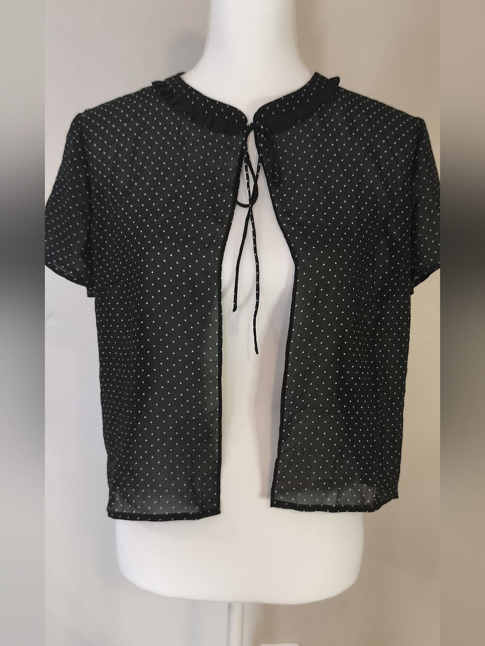 Black Sheer Polka Dot Tie-Neck Short Sleeve Top